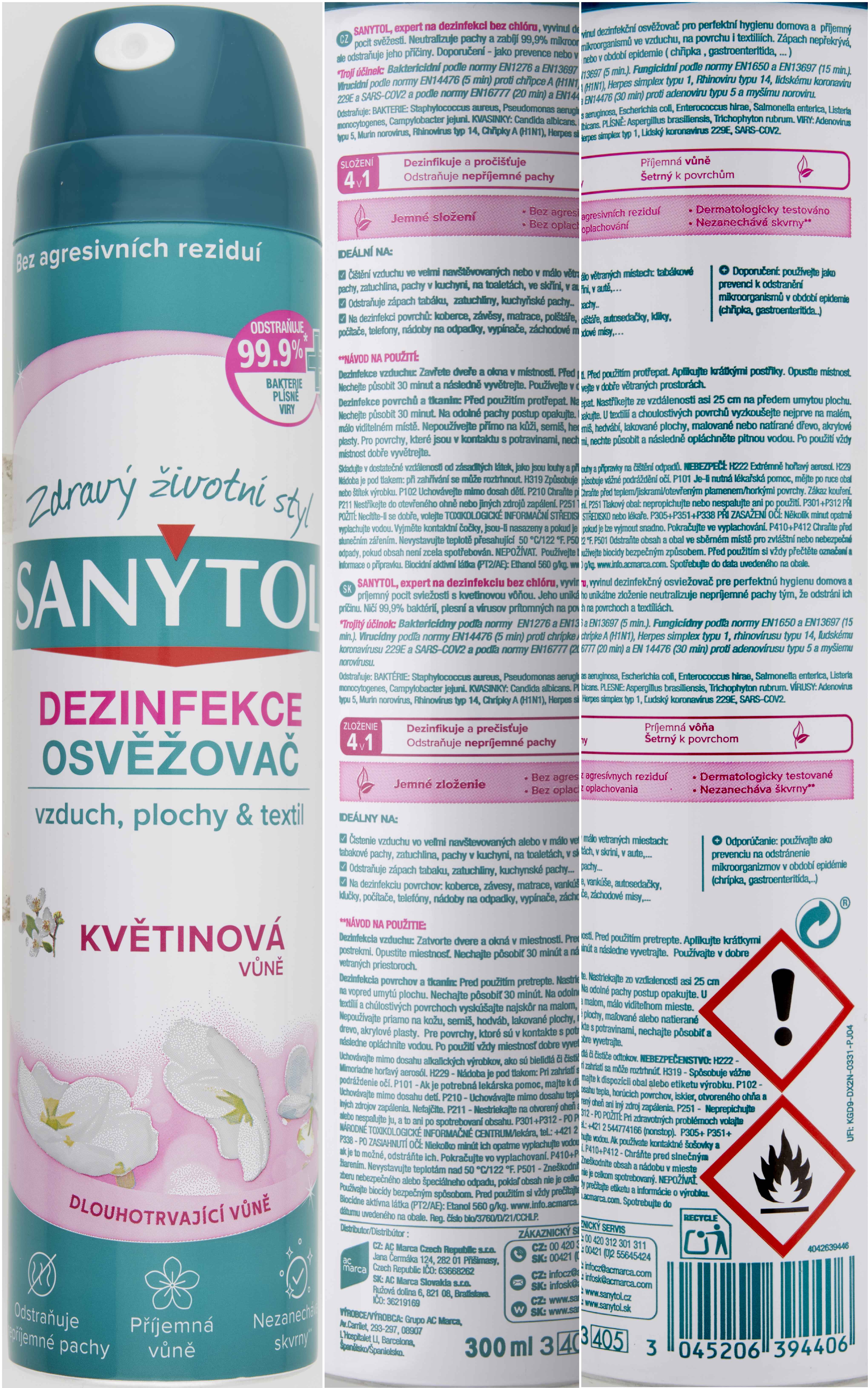 SANYTOL dezinfekční osvěžovač vzduchu Květinová vůně 300ml